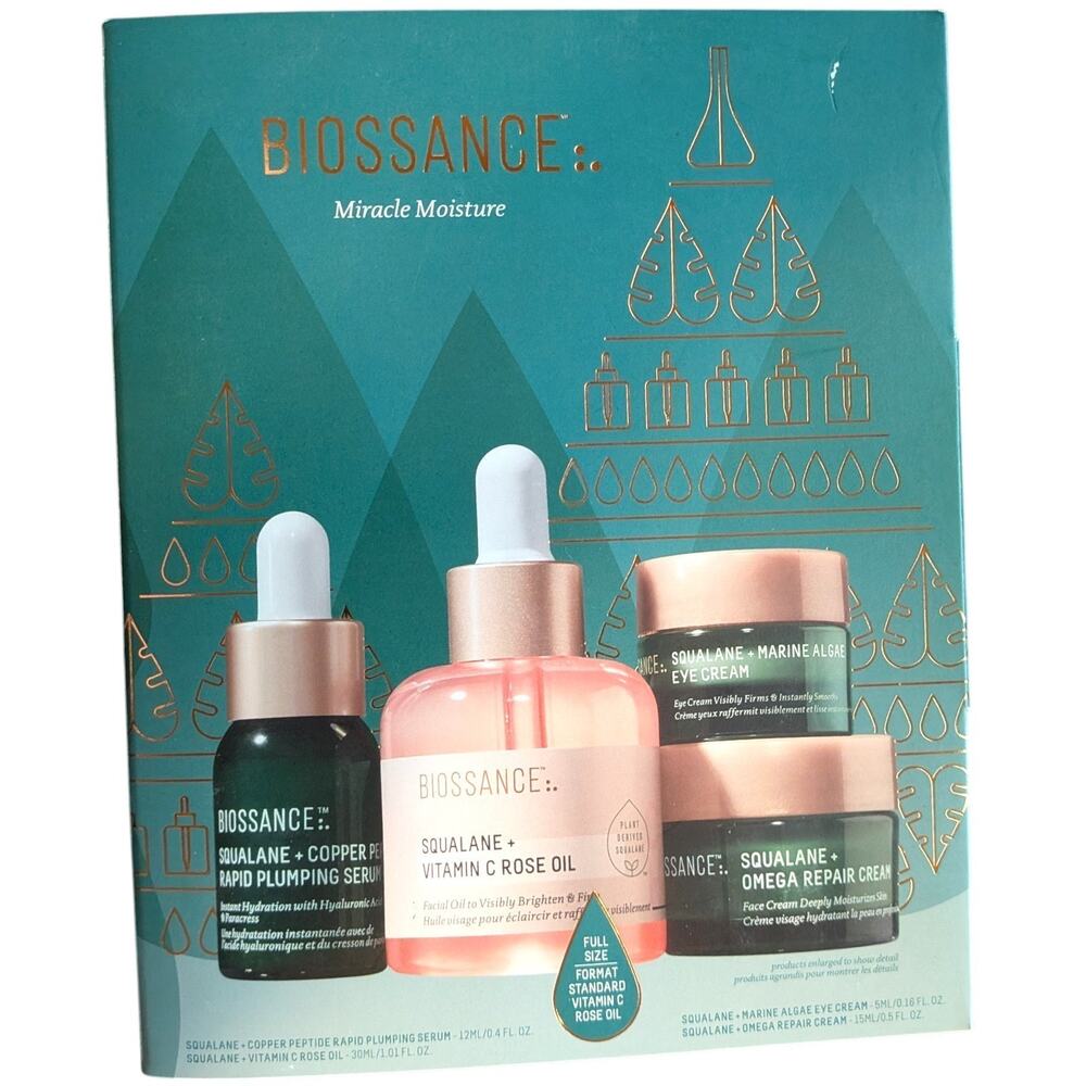 Biossance Miracle Moisture 4-Piece Luxury Skincare Gift Set, Eye Cream, Rose Oil